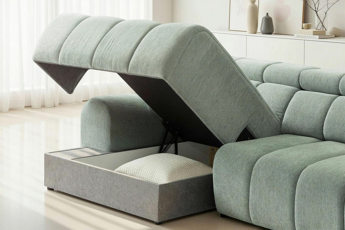 ECKSOFA Salbeigrün Chenille Bettkasten, Rücken echt, Relaxfunktion, Kopfteilverstellung  - Salbeigrün/Schwarz, Design, Kunststoff/Textil (152/290cm) - Stylife