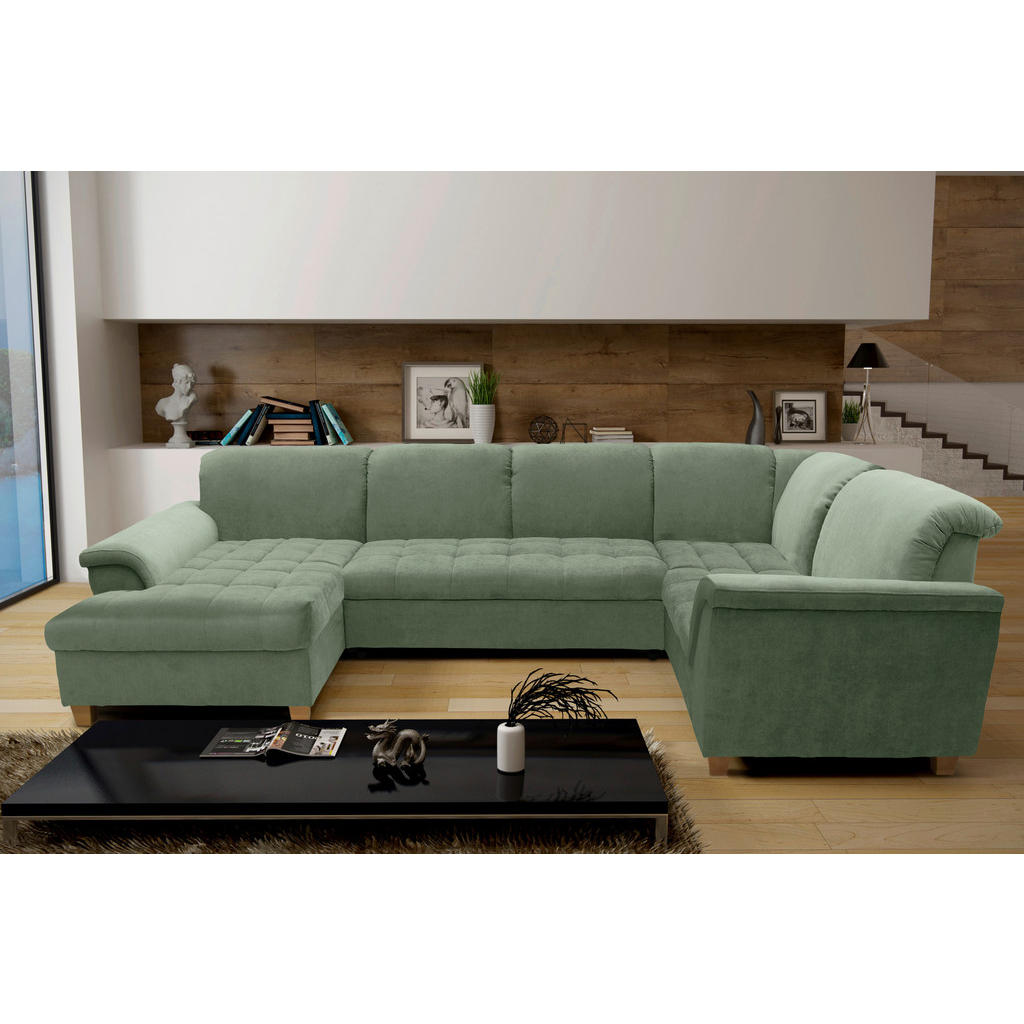 Thumbnail - Mid.you Wohnlandschaft, Grün, Textil, Eiche, Uni, 5-Sitzer, U-Form, 344x206 cm, Made in EU, FSC Mix, Rücken echt, Wohnzi...