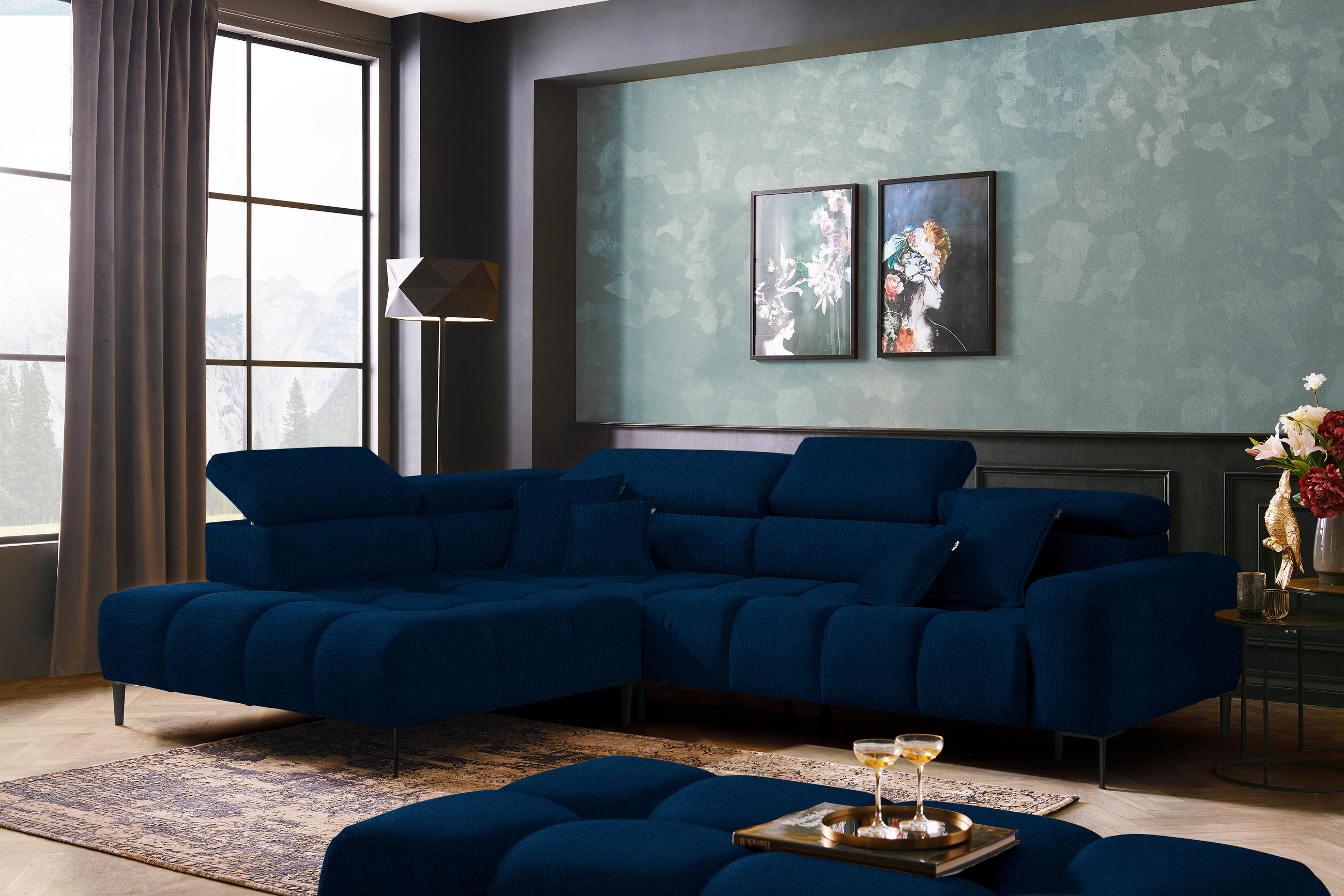 ECKSOFA in Samt, Webstoff Blau  - Blau/Schwarz, Design, Textil/Metall (216/300cm) - Welnova