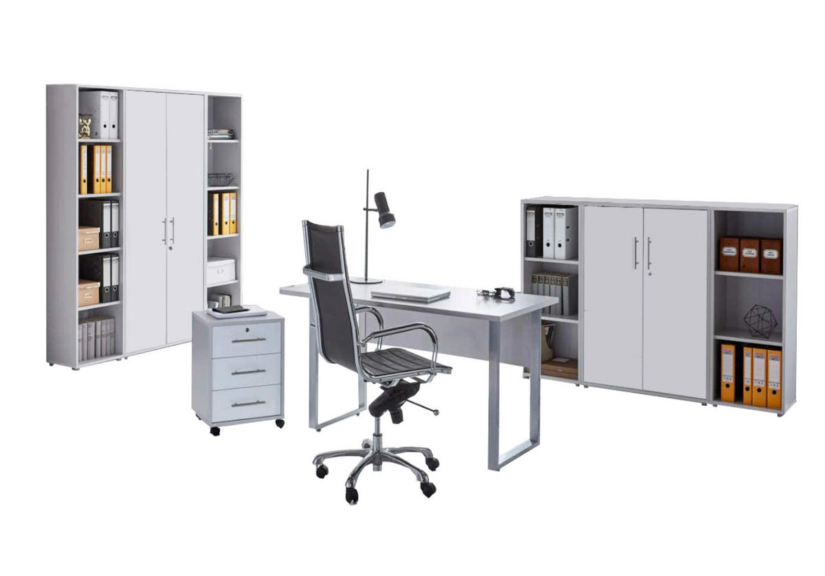 BÜRO erweiterbar, abschließbar Grau, Weiß - Weiß/Grau, MODERN, Holzwerkstoff/Metall - MID.YOU