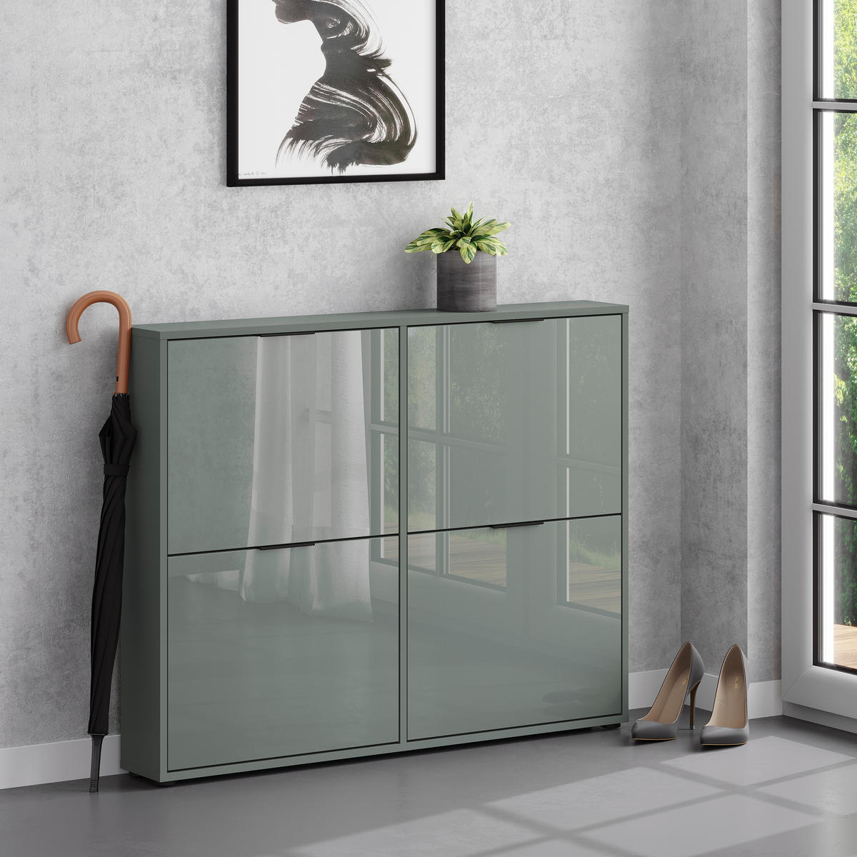 SCHUHKIPPER - Salbeigrün/Schwarz, MODERN, Glas/Holzwerkstoff (118/93/17cm) - Boxxx