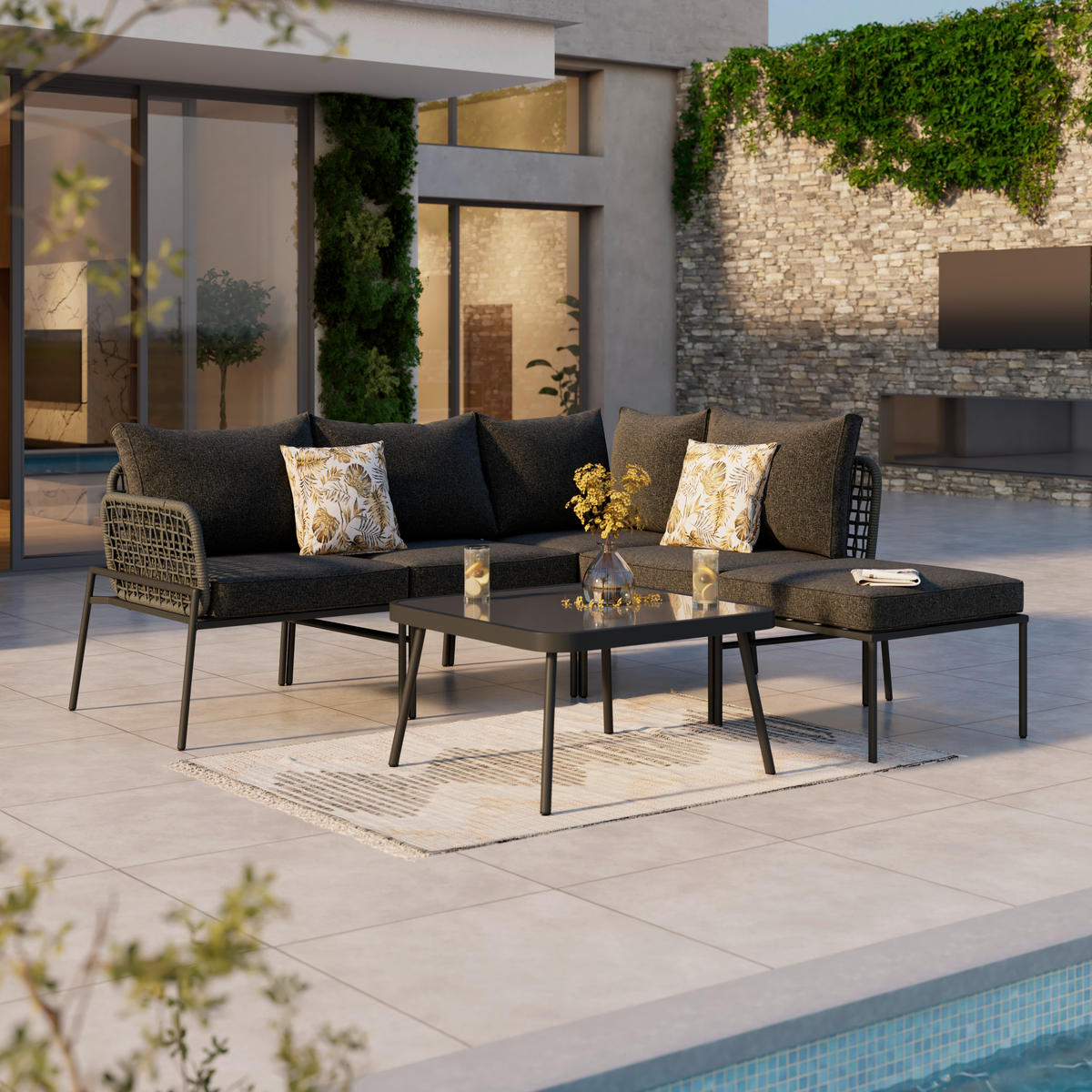 LOUNGEGARNITUR 6-teilig   Eisen  - Dunkelgrau, MODERN, Glas/Textil (198l) - Ambia Garden