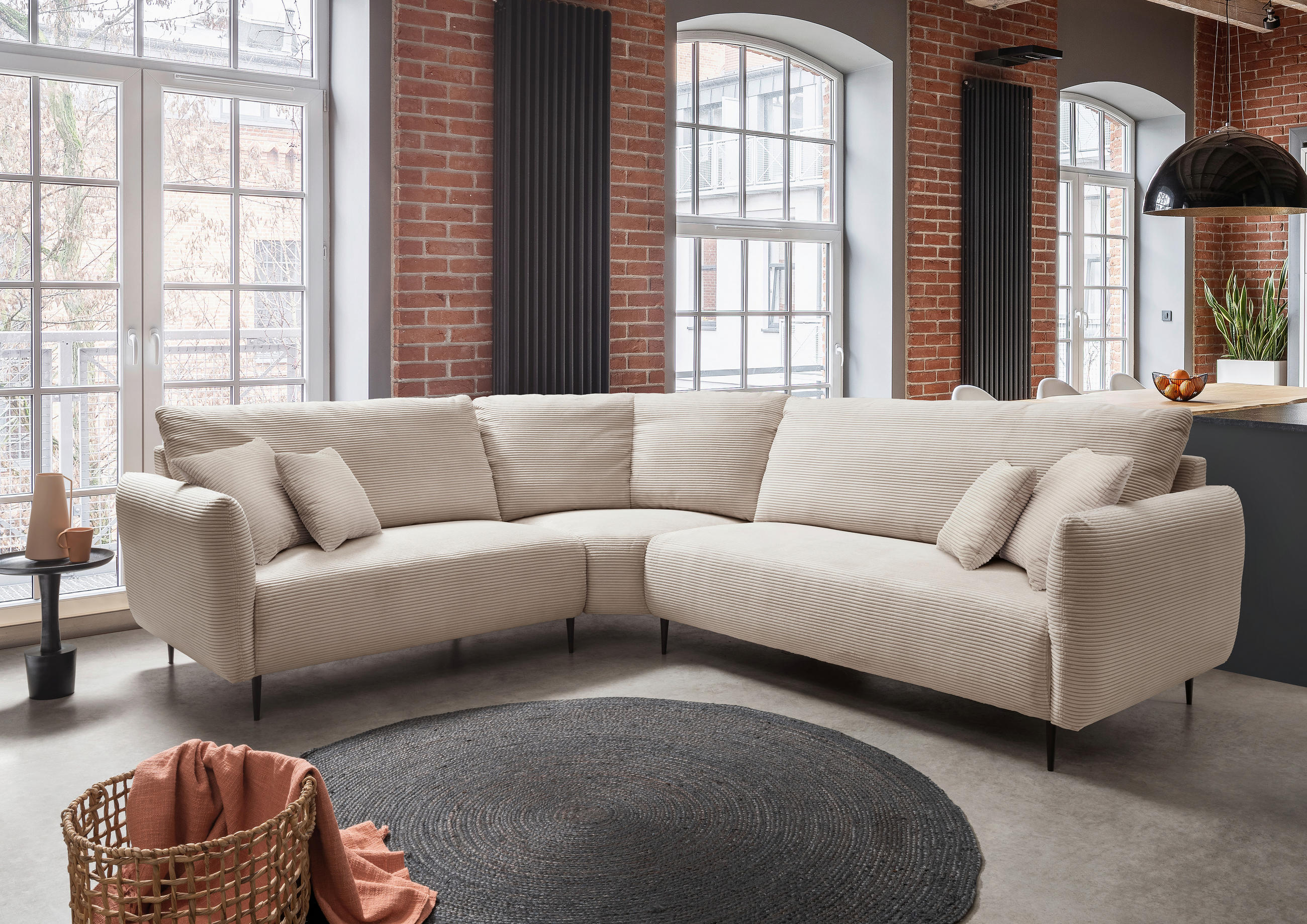 ECKSOFA Beige Cord  - Beige/Schwarz, Design, Textil/Metall (256/294cm) - Livetastic