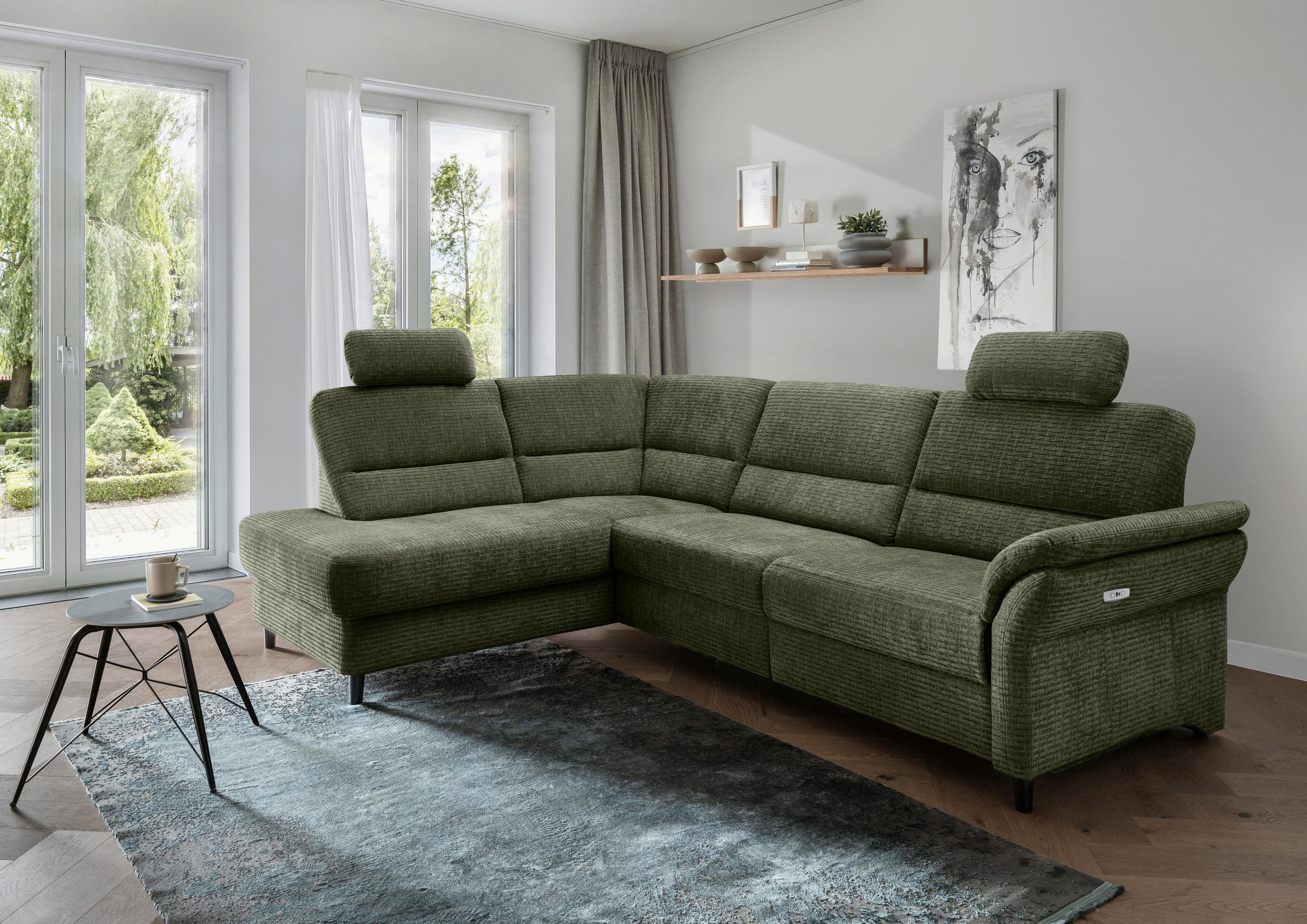 ECKSOFA in Mikrofaser Olivgrün  - Schwarz/Olivgrün, Modern, Holz/Textil (190/266cm) - Livetastic