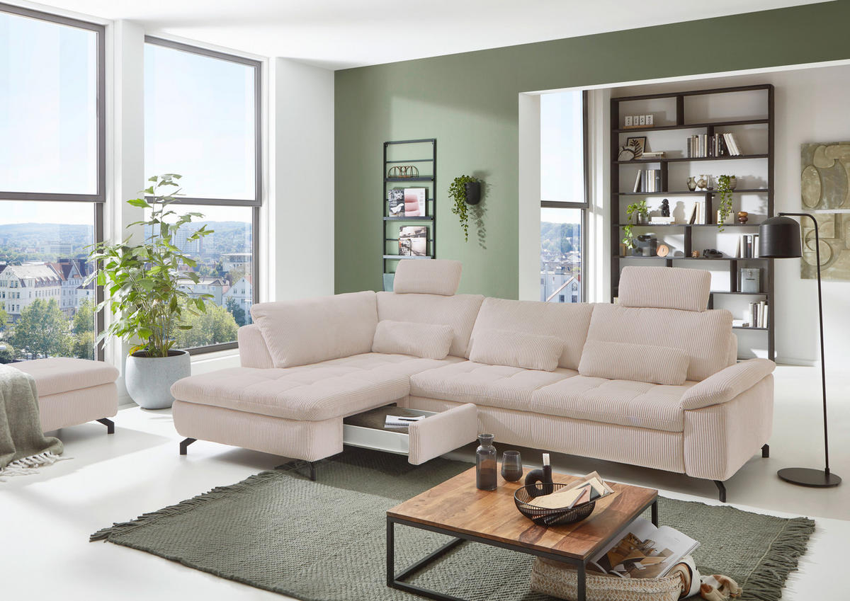 ECKSOFA inkl. Funktionen Sense Hellbraun Cord, Velours  - Hellbraun/Schwarz, Design, Textil/Metall (197/291cm) - Beldomo Style