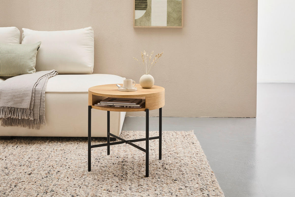 BEISTELLTISCH 54/54/48 cm Eiche furniert Schwarz, Eichefarben rund  - Eichefarben/Schwarz, Natur, Holz/Holzwerkstoff (54/54/48cm) - Stylife