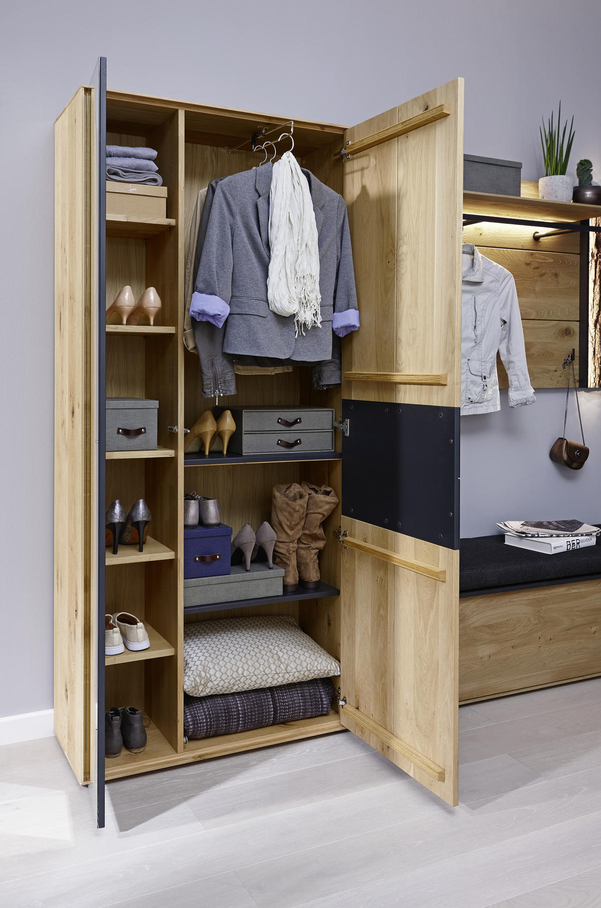 GARDEROBENSCHRANK  in 88,5/196/39 cm  - Eichefarben/Anthrazit, Natur, Glas/Holz (88,5/196/39cm) - Valnatura