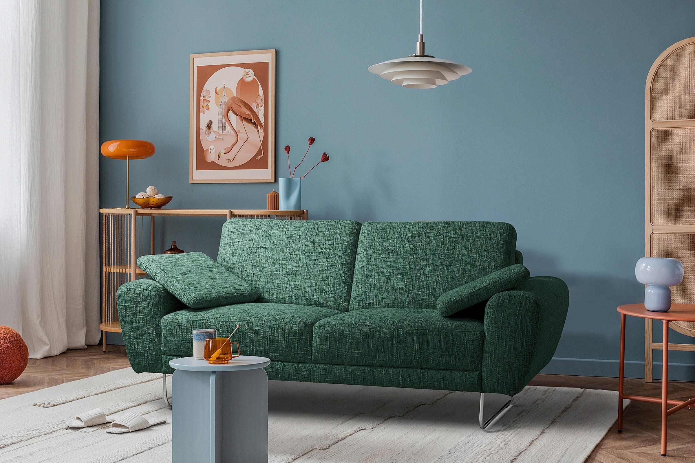 2-SITZER-SOFA SPRING in Webstoff Grün Modern  - Chromfarben/Grün, Design, Textil/Metall (157/85/92cm) - Livetastic