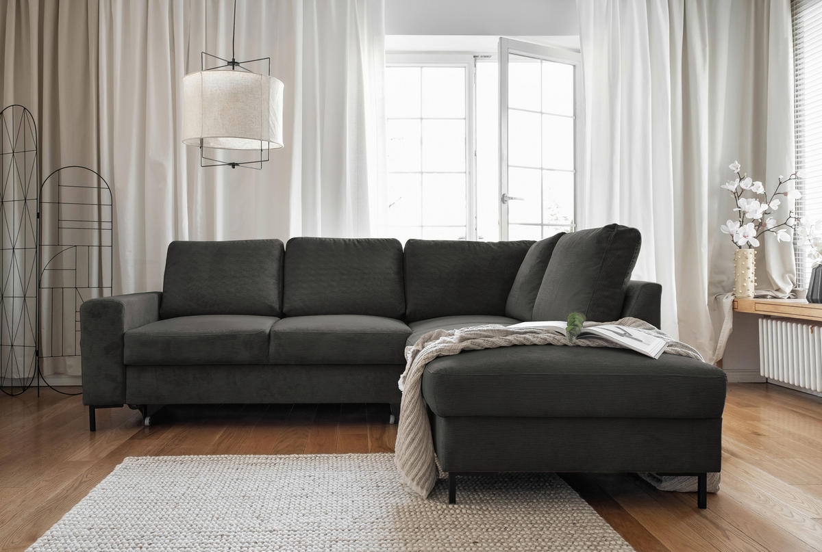 ECKSOFA in Cord Grau  - Schwarz/Grau, Design, Textil/Metall (237/197cm) - MID.YOU