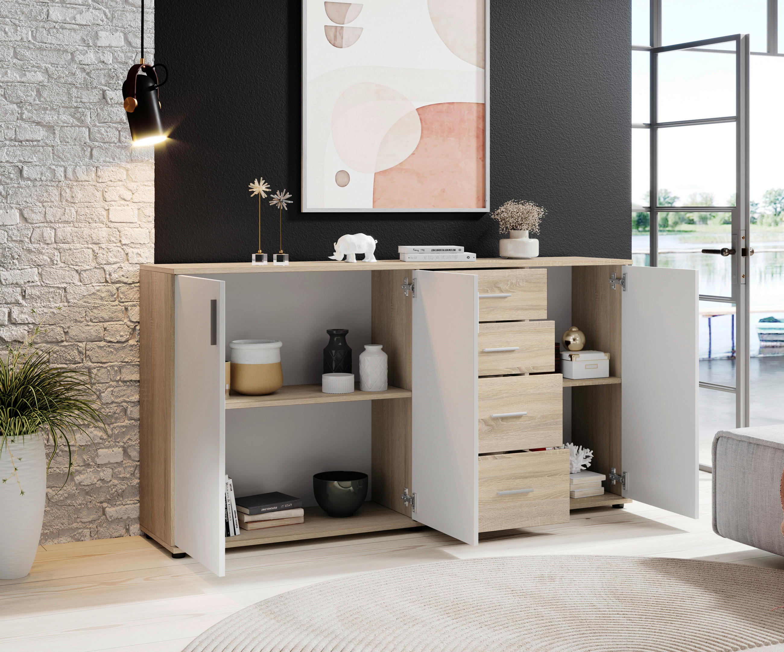 KOMODA, bela, hrast sonoma - srebrne barve/bela, Konvencionalno, umetna masa/leseni material (160/82/35cm) - Boxxx