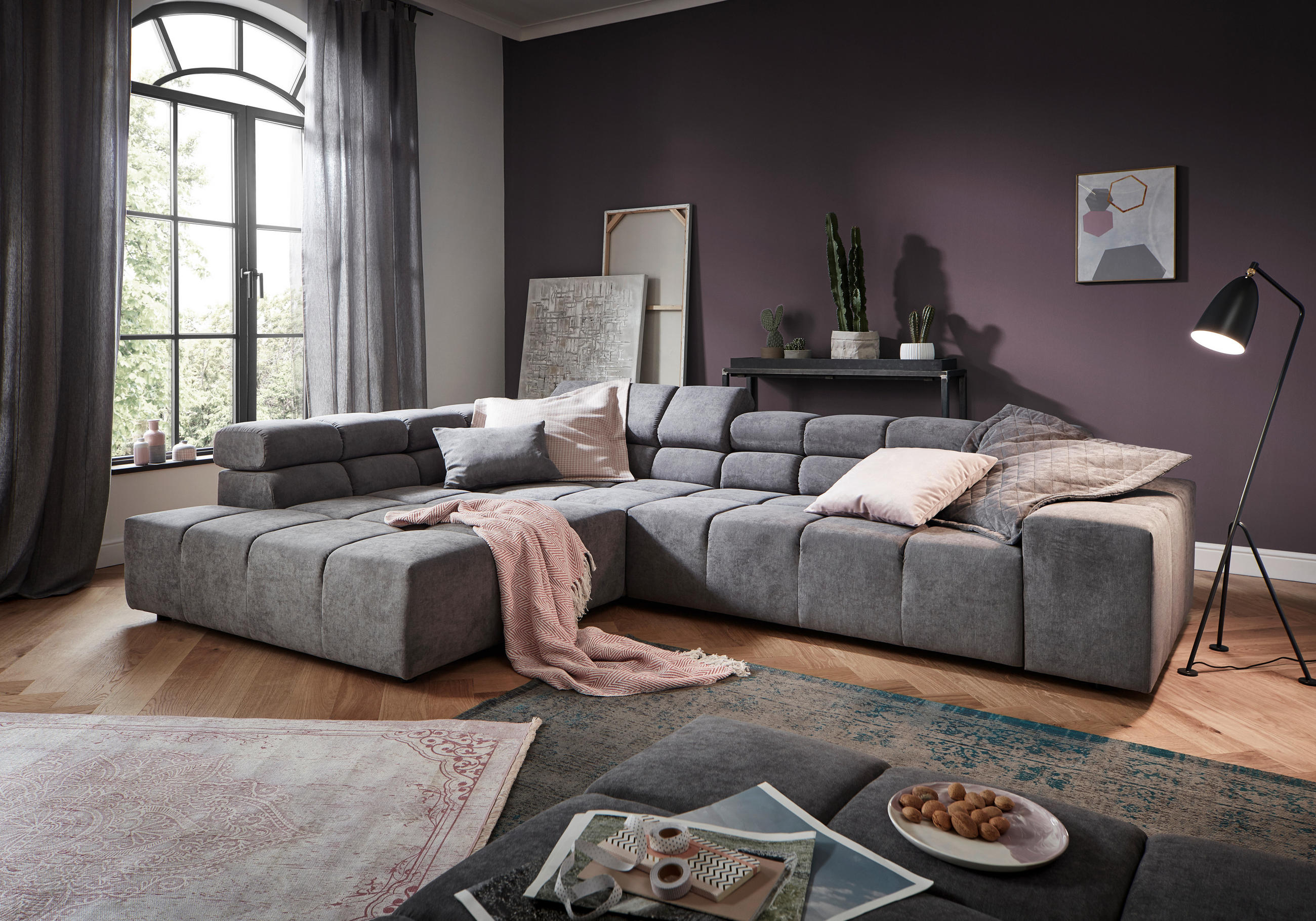 ECKSOFA in Velours Grau  213/317 cm  - Schwarz/Grau, Design, Kunststoff/Textil (213/317cm) - Hom`in