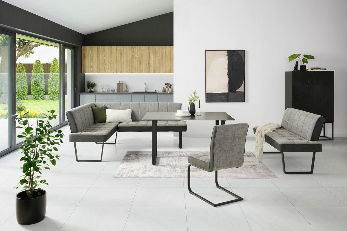 ECKBANK Mikrofaser, Leinenoptik Schwarz, Hellgrau   - Hellgrau/Schwarz, KONVENTIONELL, Textil/Metall (200-160/86/70cm) - MID.YOU