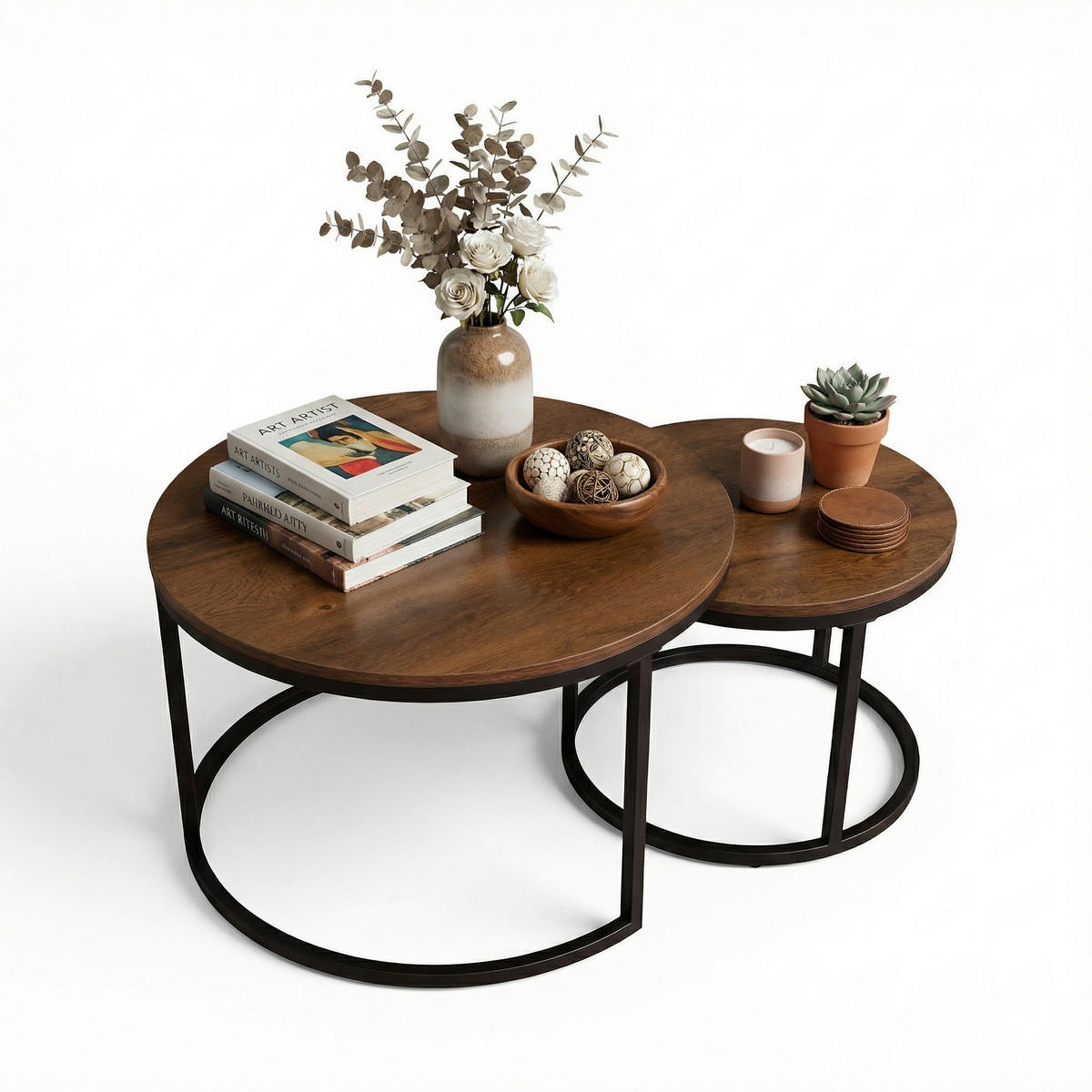 COUCHTISCHSET rund Braun, Schwarz  - Schwarz/Braun, Design, Holzwerkstoff/Metall (50-70/50-70/38-42cm) - MID.YOU