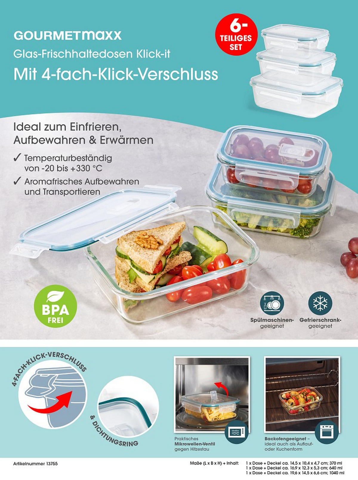 FRISCHHALTEDOSENSET GOURMETmaxx 6-teilig  - Transparent/Grün, Basics, Glas/Kunststoff (19,6/14,5/6,6cm)