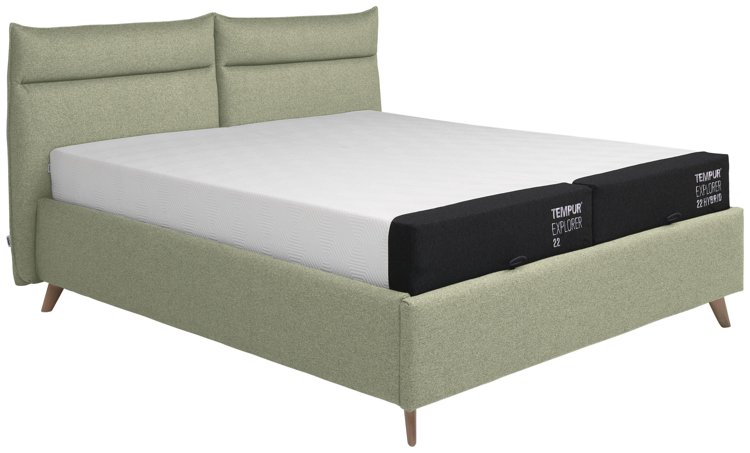 BETT MIT MATRATZEN SOFT+MEDIUM 180/200 cm  in Mintgrün  - Graublau/Buchefarben, Konventionell, Holz/Textil (180/200cm) - Tempur