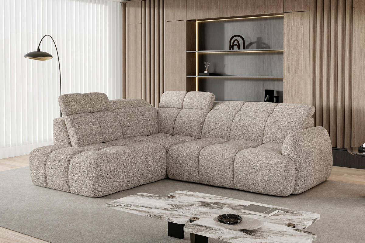 ECKSOFA Beige Webstoff Bettkasten, Schlaffunktion, Rücken echt, Kopfteilverstellung, Sitzvorzug  - Beige/Schwarz, Design, Kunststoff/Textil (230/275cm) - Welnova