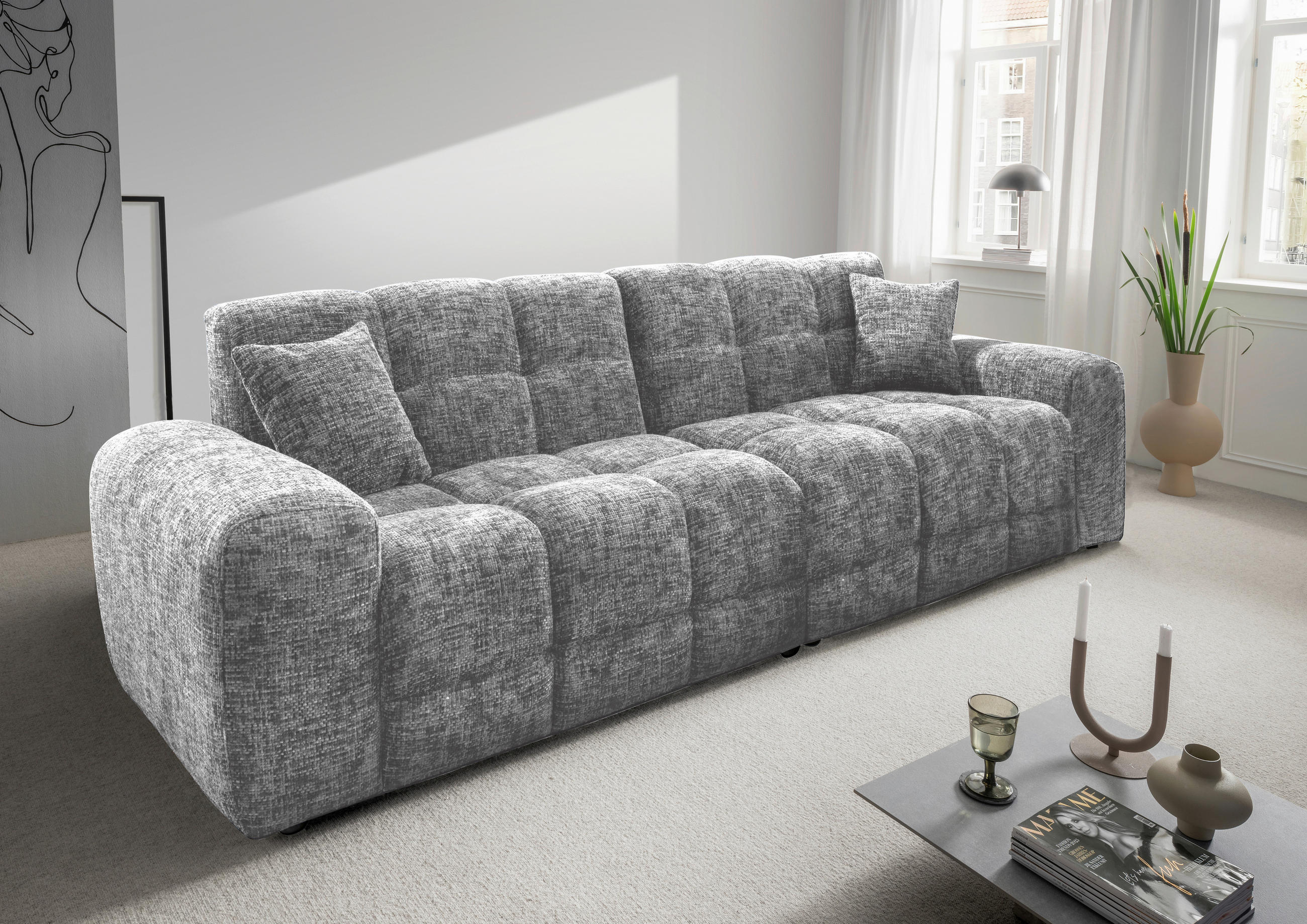 VIERSITZER-SOFA in Struktur Silberfarben  - Silberfarben/Schwarz, MODERN, Kunststoff/Textil (300/87/120cm) - Livetastic