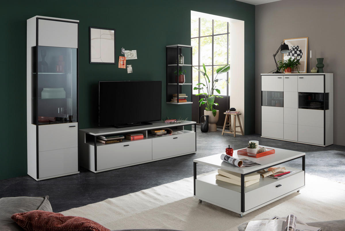 WOHNWAND  in Schwarz, Weiss 265/199/51 cm  - Weiss/Schwarz, Design, Glas/Holzwerkstoff (265/199/51cm) - Stylife