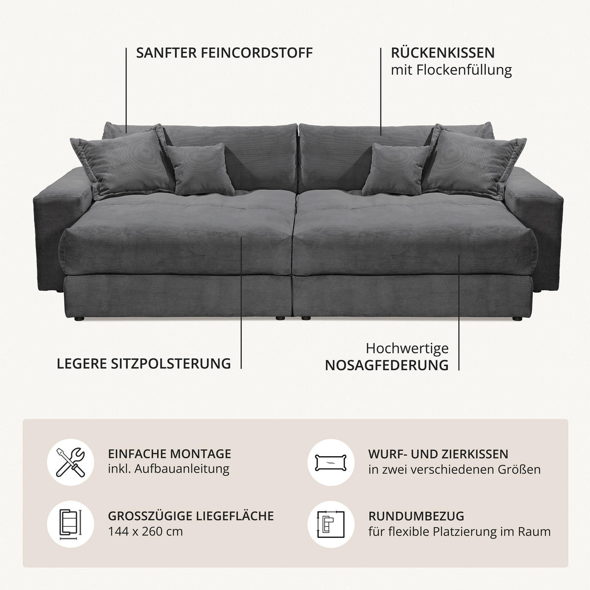 BIGSOFA KAMIL Cord Beige  - Beige/Schwarz, MODERN, Kunststoff/Textil (300/70/180cm) - P & B