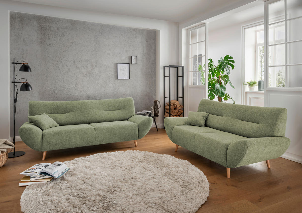 3-SITZER-SOFA Chenille Grün  - Wildeiche/Grün, Modern, Holz/Textil (205/81/90cm) - MID.YOU