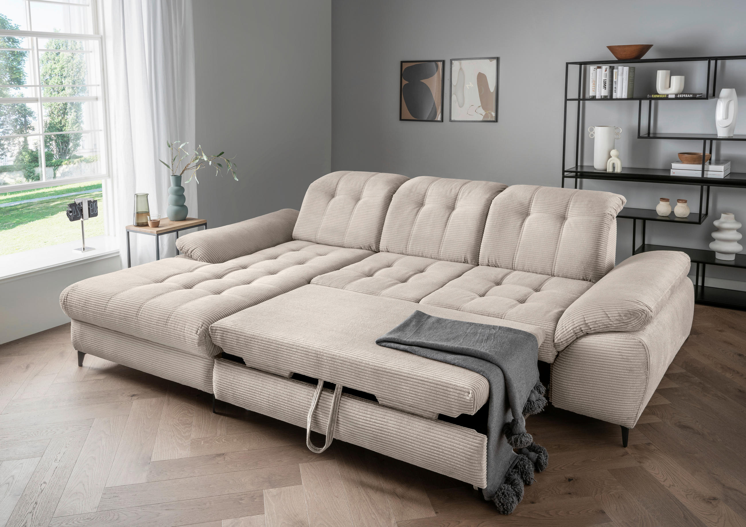 ECKSCHLAFSOFA  mit seitenverkehrt erhältlich, Rücken echt, Armteil links, Armteil rechts Cord Beige  - Beige/Schwarz, MODERN, Textil/Metall (189/273cm) - Livetastic