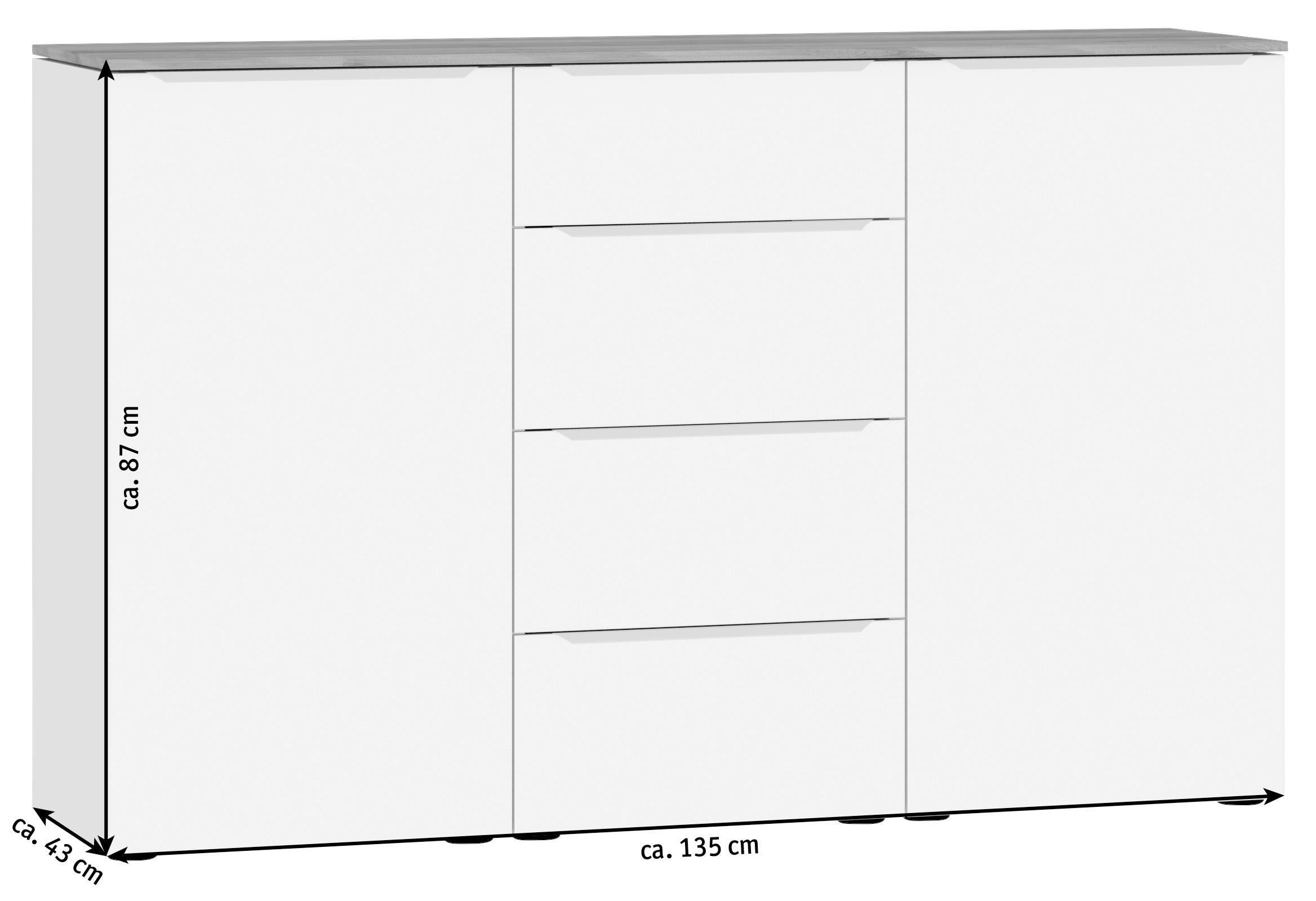 KOMMODE 135/87/43 cm  in Weiss, Eichefarben  - Weiss/Edelstahlfarben, Design, Holzwerkstoff/Kunststoff (135/87/43cm) - Jutzler