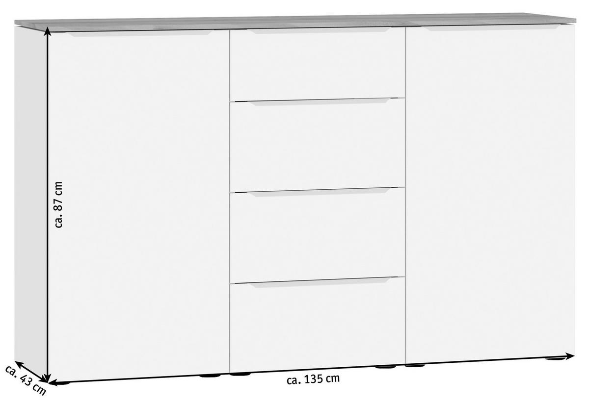 KOMMODE 135/87/43 cm  in Weiss, Eichefarben  - Weiss/Edelstahlfarben, Design, Holzwerkstoff/Kunststoff (135/87/43cm) - Jutzler