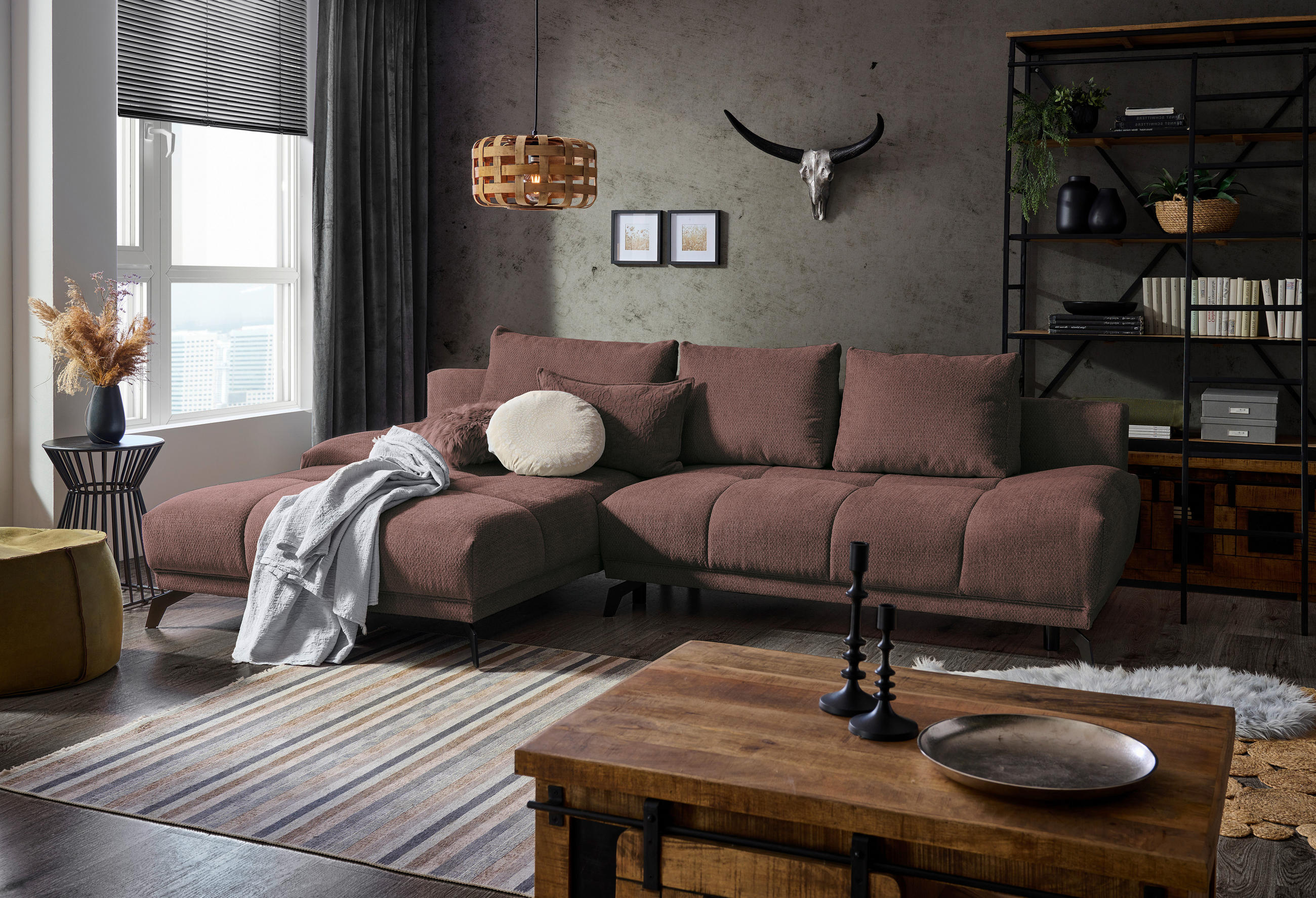 ECKSOFA in Chenille Braun  - Schwarz/Braun, Modern, Textil/Metall (182/290cm) - Hom`in