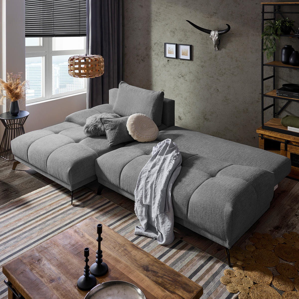 ECKSOFA Grau, Dunkelgrau Chenille  - Dunkelgrau/Schwarz, MODERN, Textil/Metall (182/290cm) - Hom`in