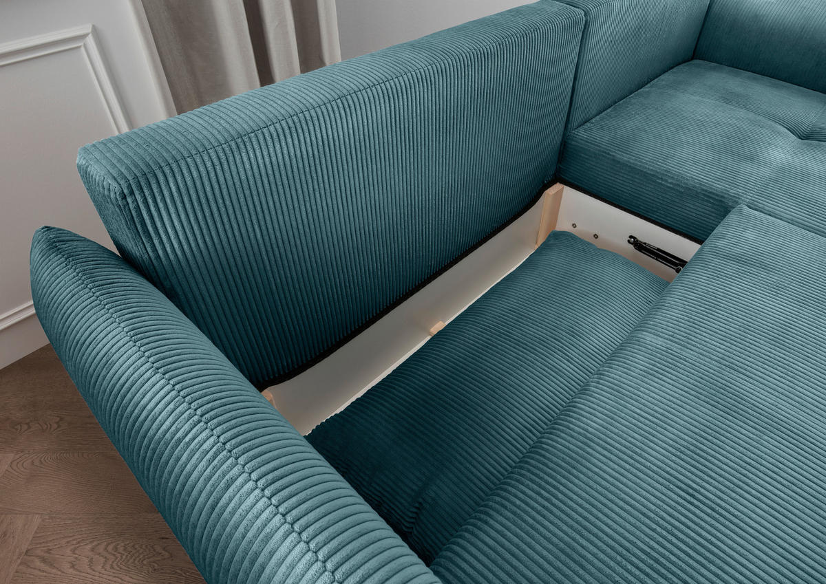ECKSCHLAFSOFA Cord Petrol  - Petrol/Schwarz, Basics, Holz/Textil (238/174cm) - Livetastic