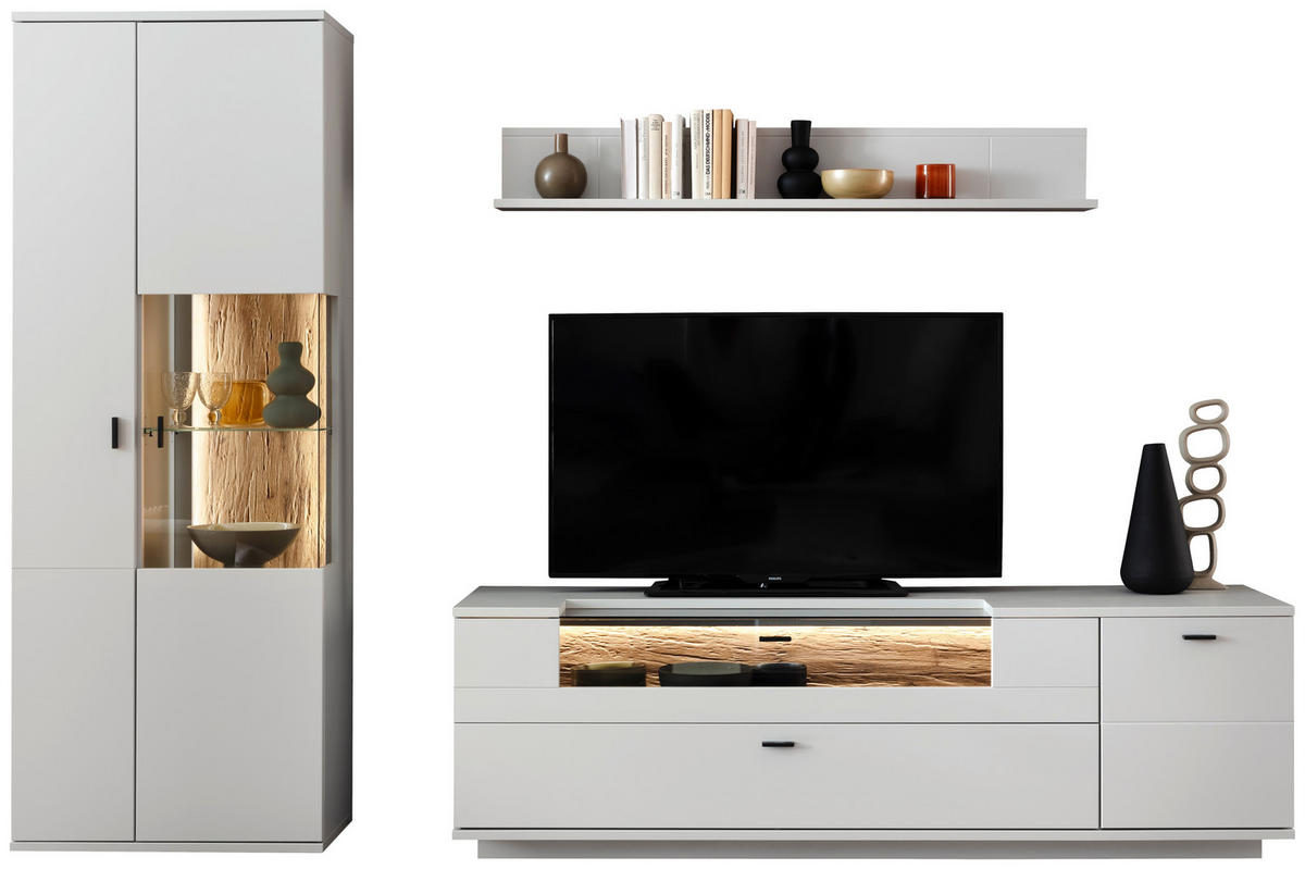 WOHNWAND  in Weiß, Eichefarben  280/199/50 cm  - Eichefarben/Anthrazit, Design, Glas/Holzwerkstoff (280/199/50cm) - Stylife