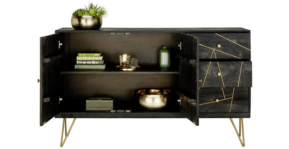 SIDEBOARD Akazie massiv Schwarz, Goldfarben  - Goldfarben/Schwarz, Trend, Holz/Metall (145/88/43cm) - Ambia Home