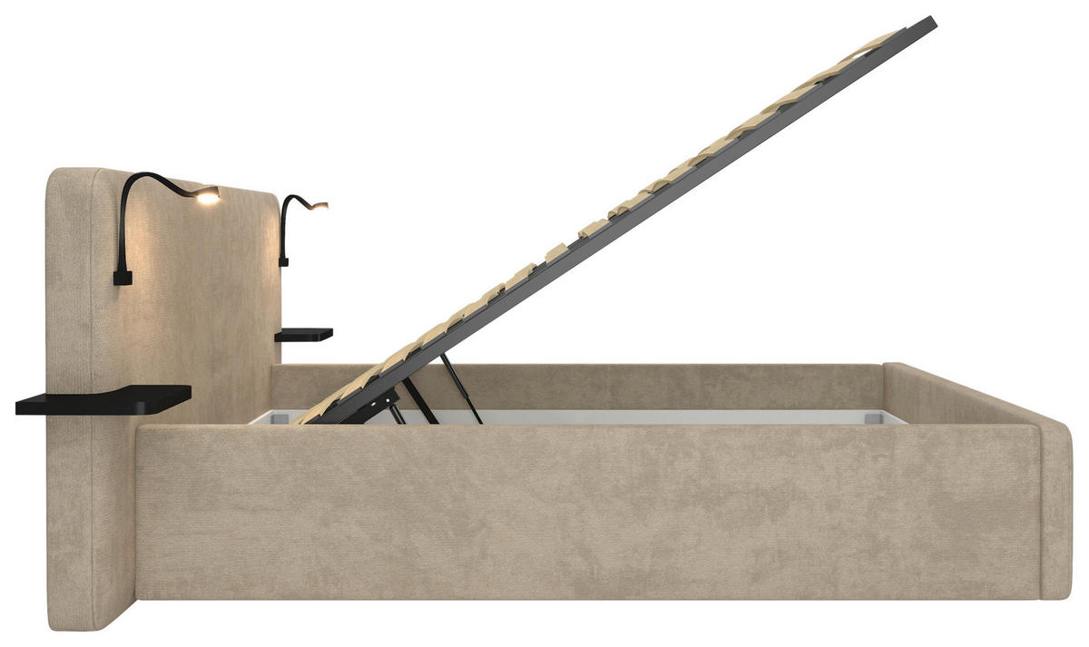 POLSTERBETT 180/200 cm,  in Beige, gepolstertes Kopfteil, Beleuchtung, Lattenrost, H2 + H3 = mittel + fest  - Beige/Schwarz, MODERN, Kunststoff/Textil (180/200cm) - Chameo