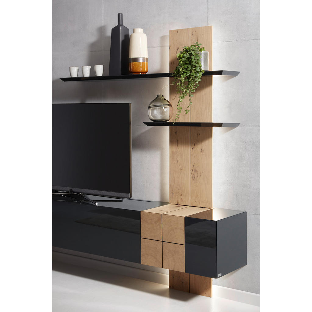 Thumbnail - Modante Wohnwand Quadra, Eiche, Dunkelgrau, Holz, Holzwerkstoff, Eiche, furniert, 215x200x42 cm, individuell planbar, Be...