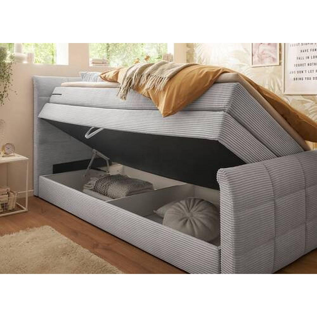 Thumbnail - Mid.you Boxspringbett, Hellgrau, Textil, H3 + H4, 7-Zonen, Höhe ca. 16 cm, 100x200 cm, Bettkasten, gepolstertes Kopfteil...