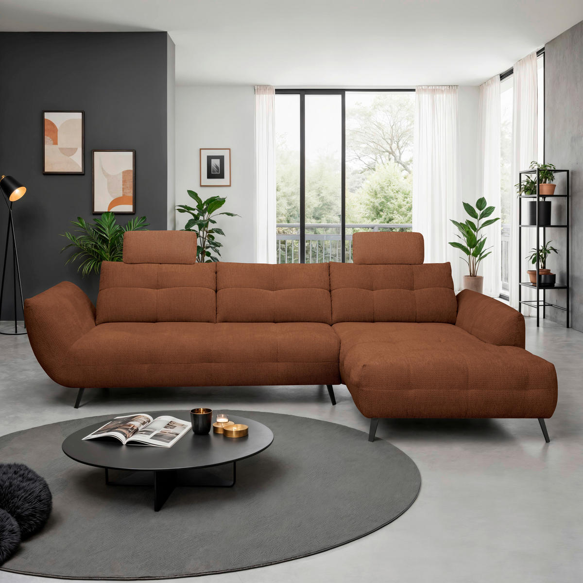 ECKSOFA Dunkelorange Chenille Armlehnenkissen, Rücken echt, Sitztiefenverstellung  - Dunkelorange/Schwarz, KONVENTIONELL, Textil/Metall (313/215cm) - Hom`in