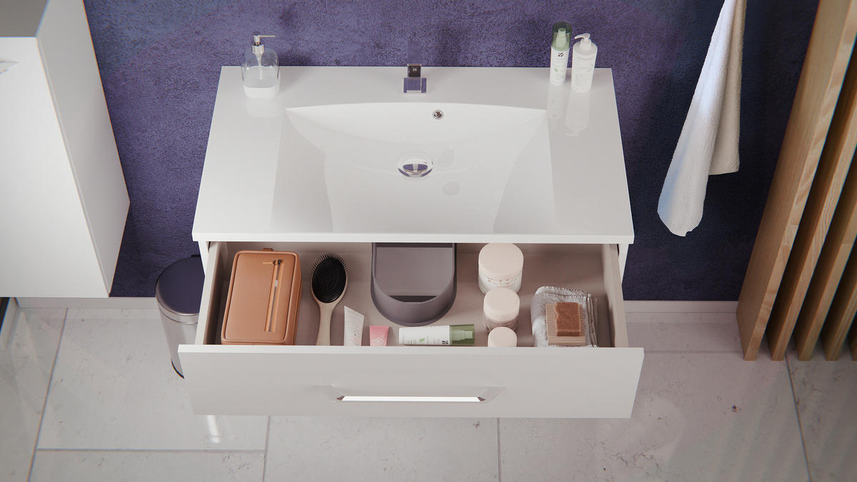 BADEZIMMER 4-teilig  in 90 cm  - Chromfarben/Weiß Hochglanz, MODERN, Holzwerkstoff/Stein (90cm) - MID.YOU