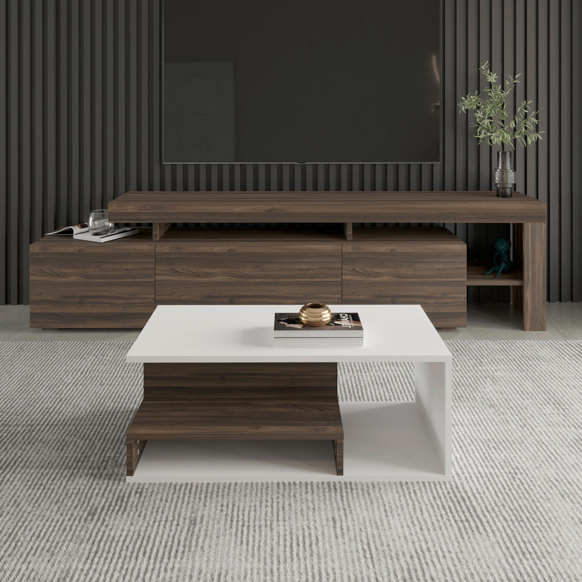 COUCHTISCH Vera Couchtisch 90/45/35 cm Weiß, Walnussfarben  - Walnussfarben/Weiß, Design, Holzwerkstoff (90/45/35cm) - Livetastic