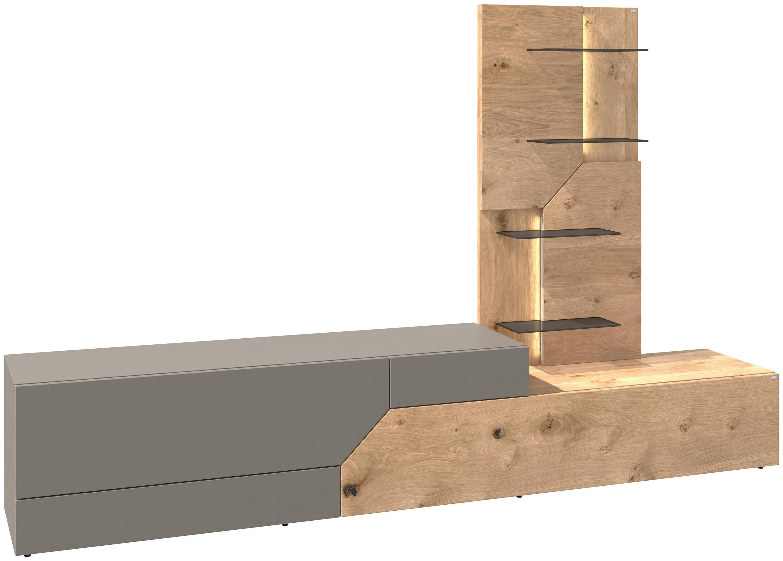 WOHNWAND 2-teilig  in Grau, Eichefarben  256/162/44,5 cm  - Wildeiche/Eichefarben, Design, Glas/Holz (256/162/44,5cm) - Voglauer