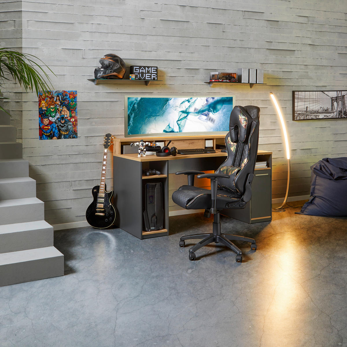 GAMING MIZA leseni material antracit, barve hrasta  - barve hrasta/antracit, Moderno, kovina/leseni material (160/92,4/70cm) - Carryhome