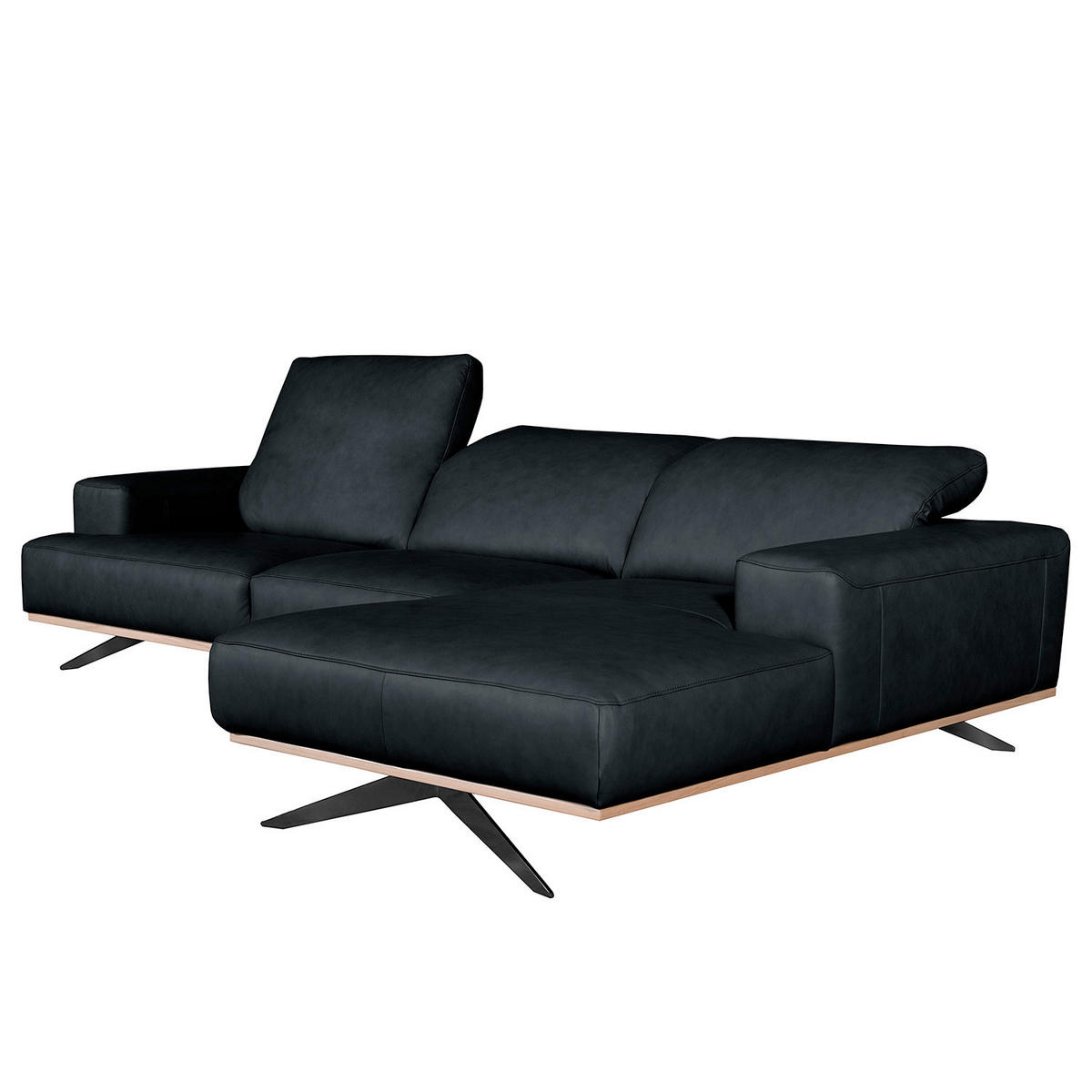 ECKSOFA  in Echtleder Blau Rücken echt, Kopfteilverstellung  295/187 cm  - Blau/Schwarz, Design, Leder/Metall (295/187cm) - Livetastic