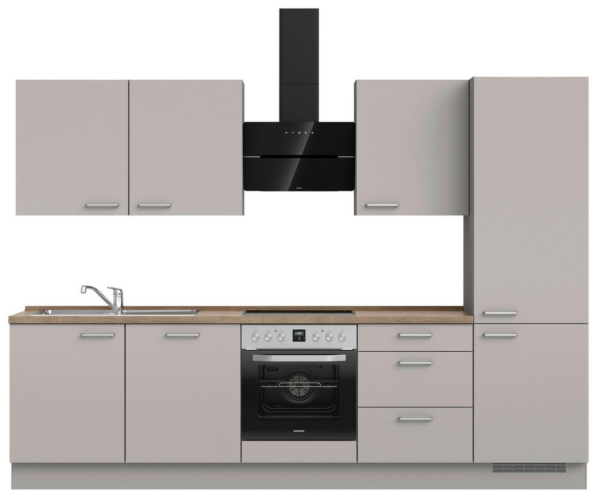 KÜCHENBLOCK 300 cm   in Grau, Eiche dunkel  - Eiche dunkel/Edelstahlfarben, MODERN, Holzwerkstoff/Metall (300cm) - Nobilia