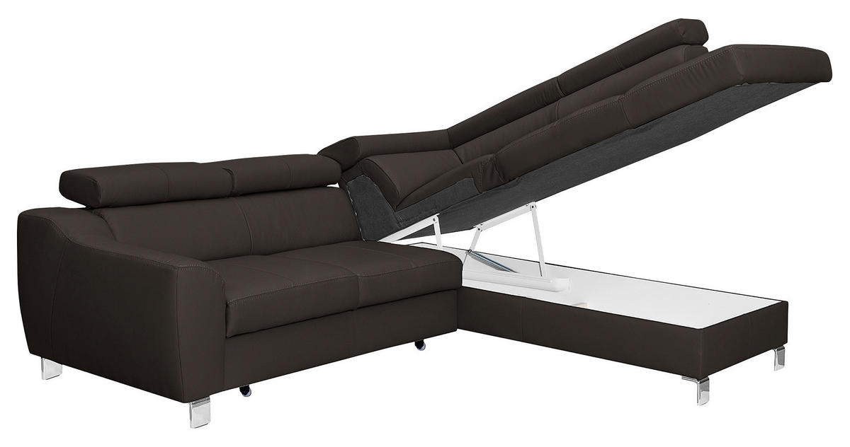 ECKSOFA Dunkelbraun Echtleder Lederlook  - Chromfarben/Dunkelbraun, Design, Leder/Textil (245/208cm) - Livetastic