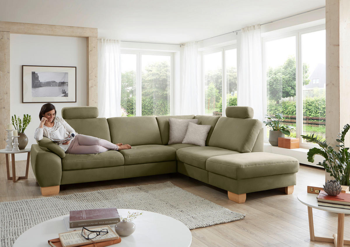 ECKSOFA in Mikrofaser Hellgrün  - Wildeiche/Beige, Natur, Holz/Textil (286/236cm) - Voleo