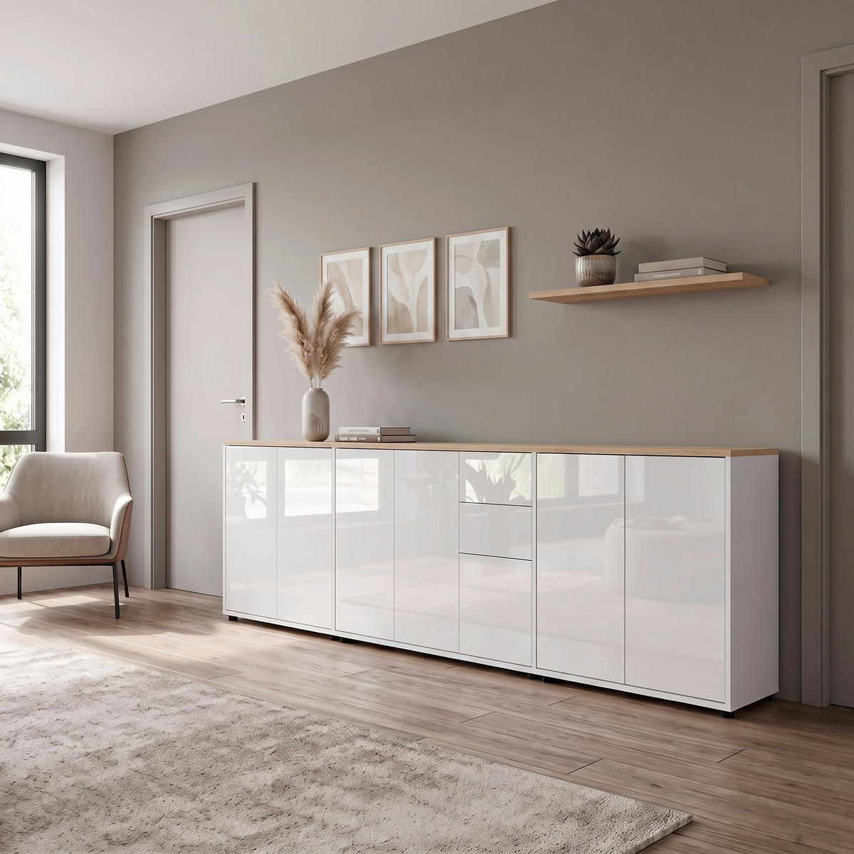 SIDEBOARD Mailand Set 6 263,5/73/33 cm 2 Schublade(n)  - Weiß Hochglanz/Schwarz, MODERN, Holzwerkstoff/Kunststoff (263,5/73/33cm) - MID.YOU