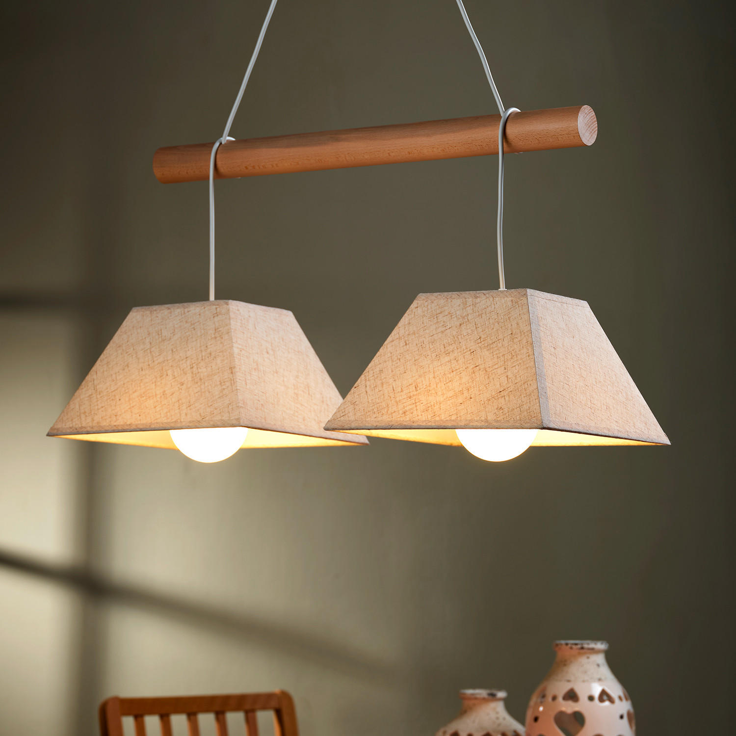PENDELLEUCHTE 5016 BALDO 70/24/90 cm   - Hellbraun/Weiß Hochglanz, Natur, Holz/Textil (70/24/90cm)
