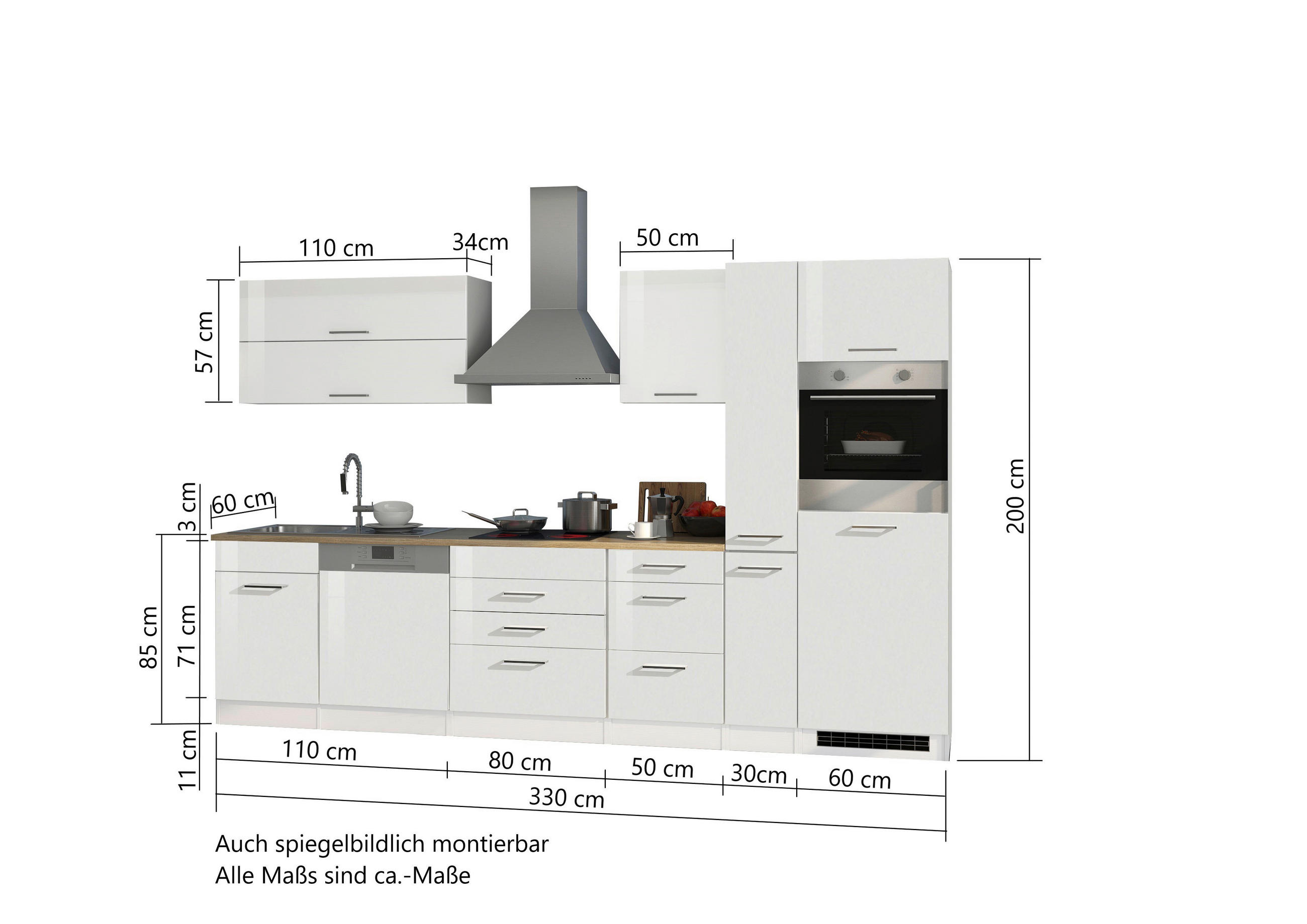 KÜCHENBLOCK 330 cm   in Weiss Hochglanz  - Weiss Hochglanz/Weiss, Modern, Holzwerkstoff/Metall (330cm) - Held