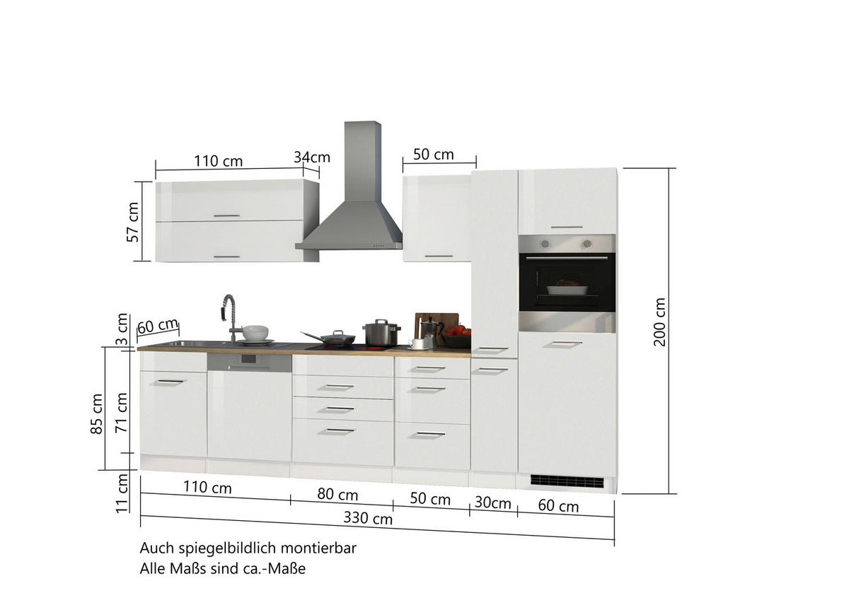 KÜCHENBLOCK 330 cm   in Weiss Hochglanz  - Weiss Hochglanz/Weiss, Modern, Holzwerkstoff/Metall (330cm) - Held