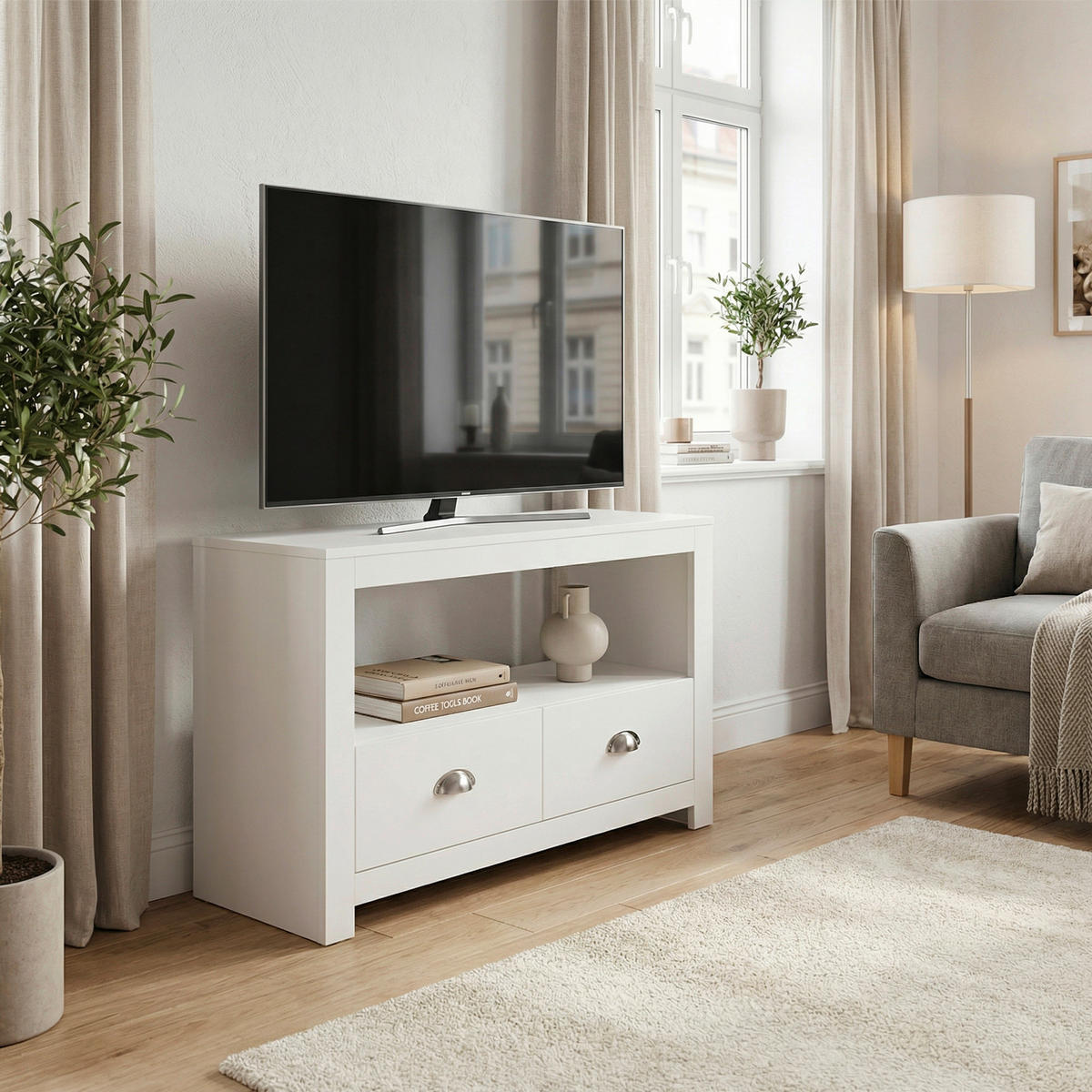 TV-BÄNK  85/39/58 cm 2 låda(or) stående  - vit/silver, Design, metall/trämaterial (85/39/58cm) - Livetastic