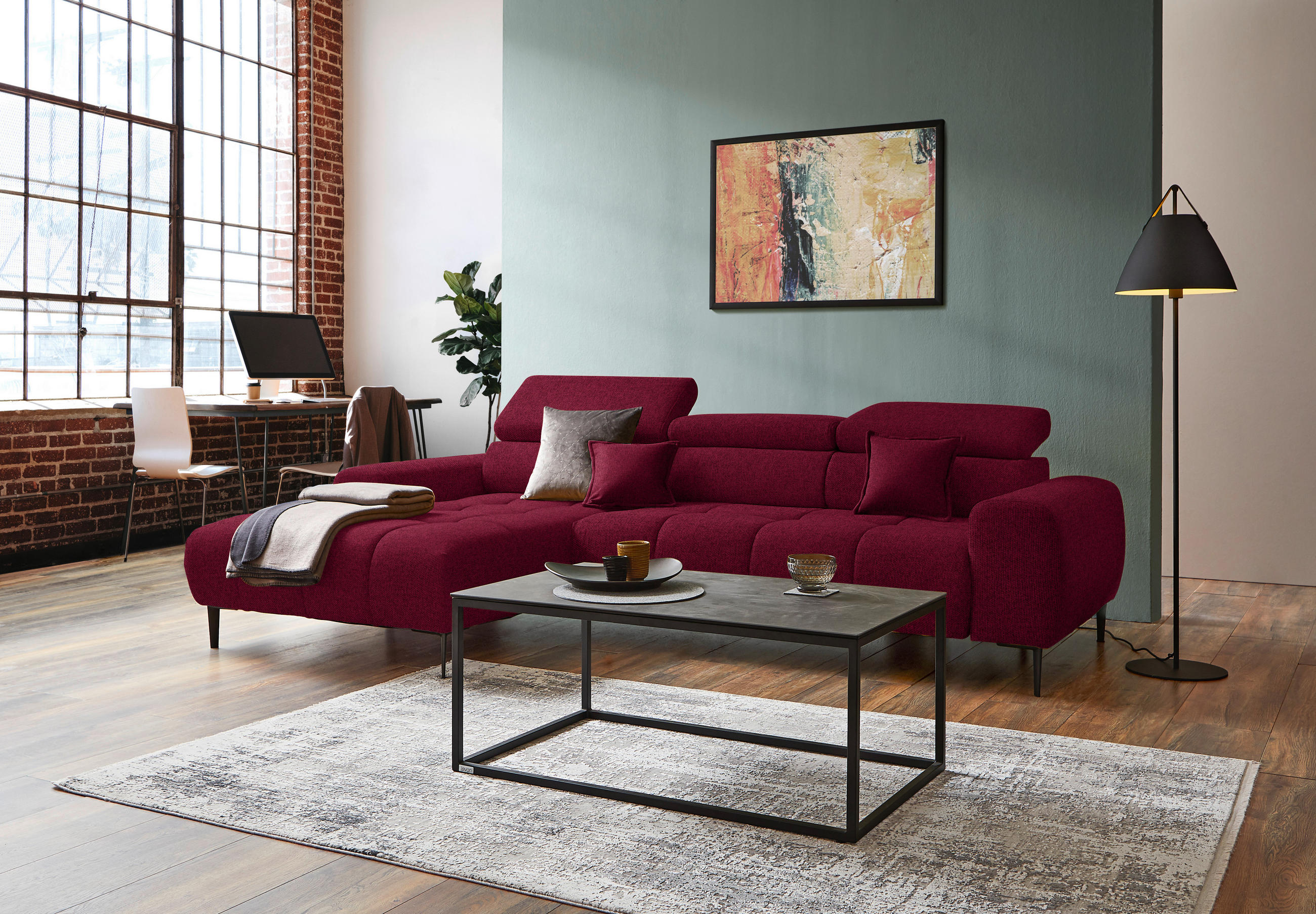 ECKSOFA Rot Webstoff  - Rot/Schwarz, Design, Textil/Metall (177/270cm) - Welnova
